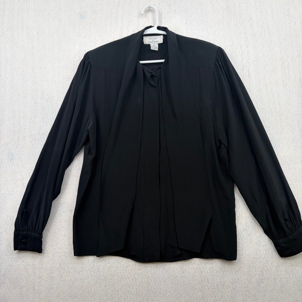 Silk Studio by Claude Bennett Black 100% Silk Tie Neck Pleated Blouse Size 10